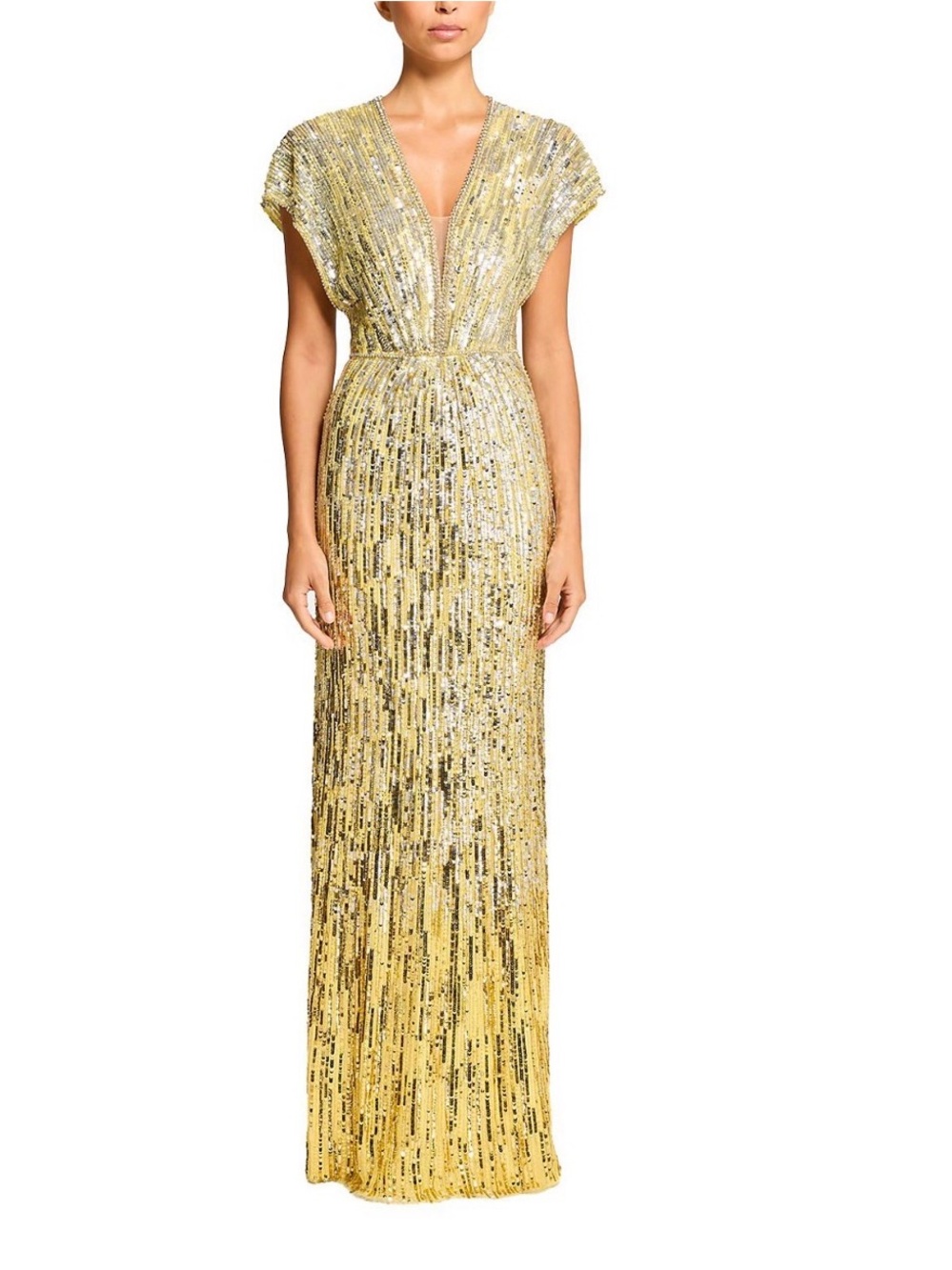 Jenny Packham DUSK dress. Gold Sequin V-Neck Maxi Gown color Mimosa.